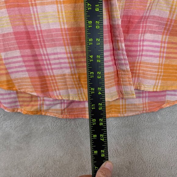 Time & Tru Women's Linen Blend Shirt L Plaid Button-Up Pink Orange Short Sleeve - Picture 5 of 14